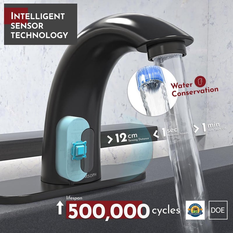 PRIMSOPH Automatic Motion Sensor Hands Free Electronic Infrared Smart Commercial Touchless Bathroom Sink Faucet with Cover Plate Temperature Mixer Battery or Plug-in Powered Matte Black - Image 2